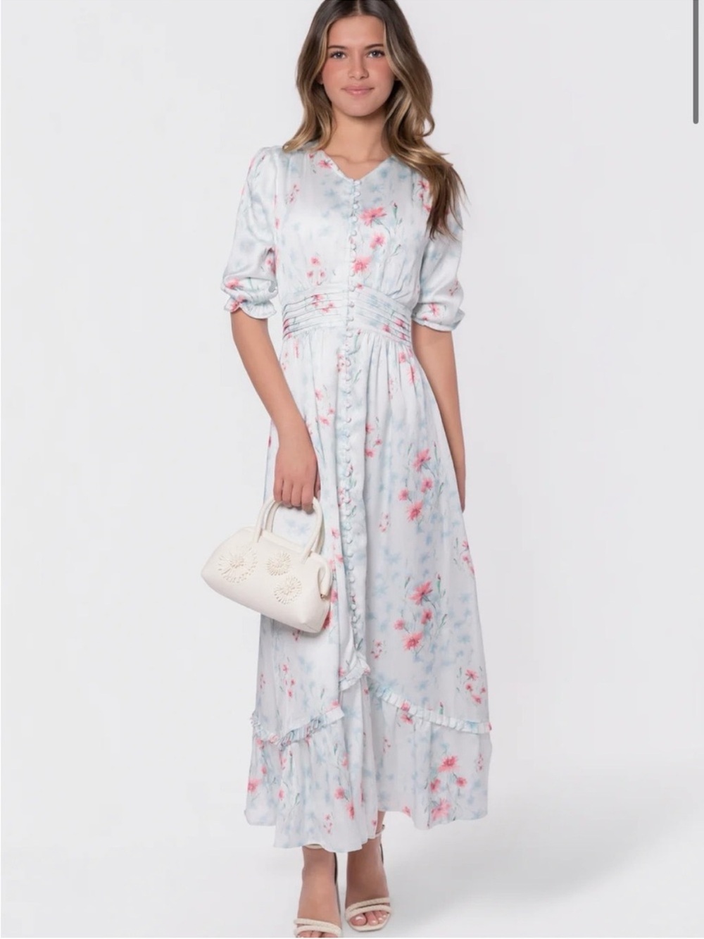 Light Blue Floral Maxi Dress with Pink Accents